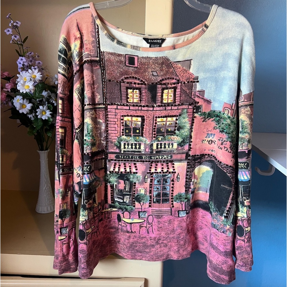 Vtg Beaded Top 3X Y2K Paris Cafe Print 3/4 Sleeve 90s French Indie Art to Wear
